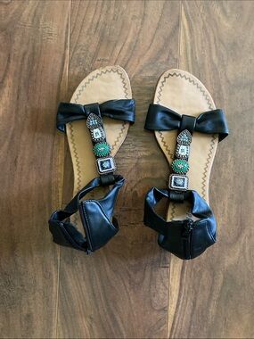 Black Jeweled Bow T-Strap Sandals